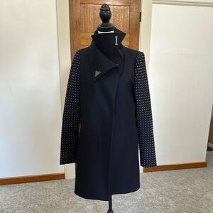 Zara Navy Women's Coat with Polka Dot Sleeves, M